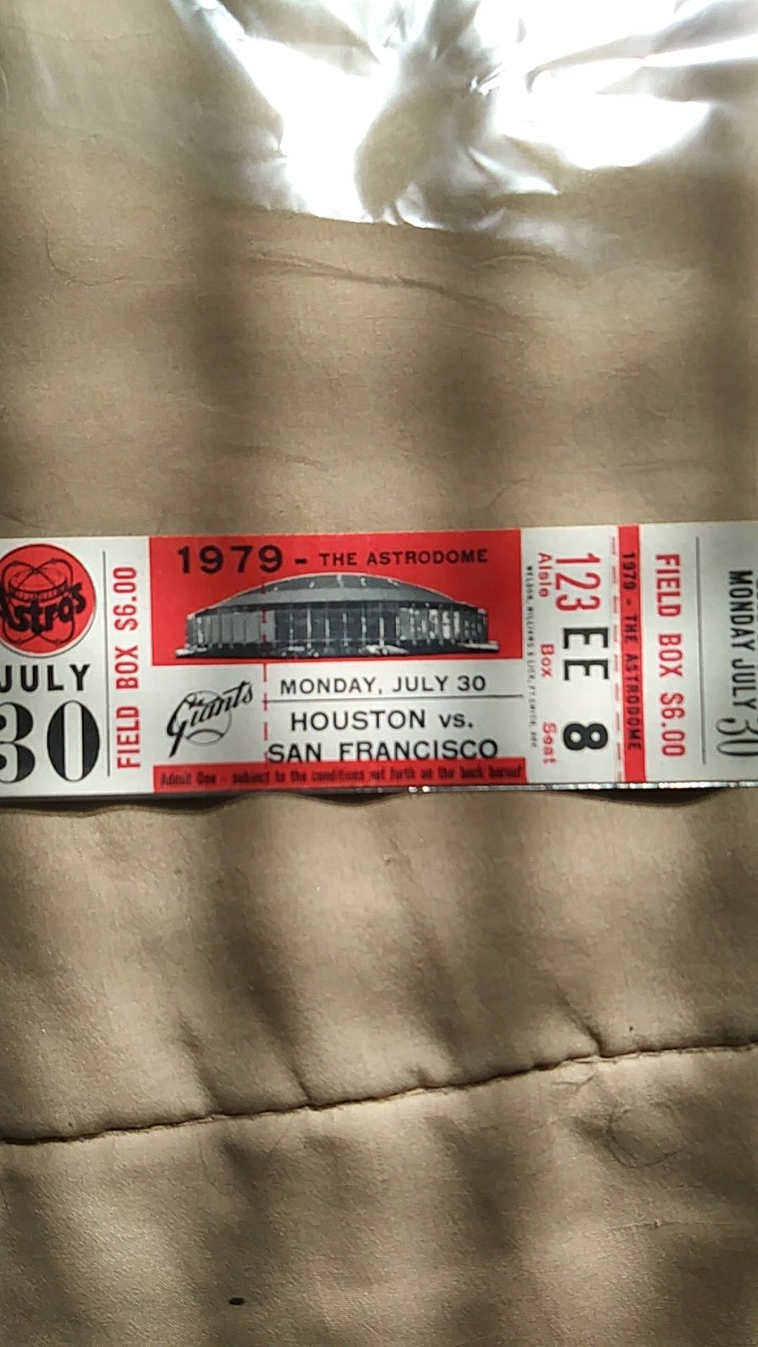 1979 San Francisco vs Houston Baseball Ticket