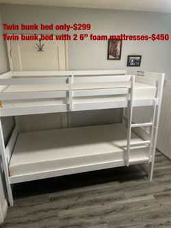 Twin bunk bed. Comes in espresso, grey, & white. Assembly required. Assembly not included. Taxes included. Free delivery.  Bunk bed only-$299 Bunk bed