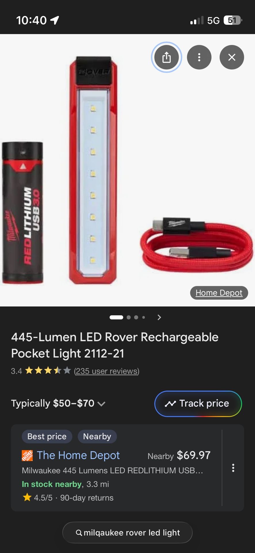 Milwaukee Rechargeable Rover 445-Lumen LED Light