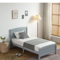 Wood Bedframe Twin Bed Frame with Headboard Bedroom Platform Bed with Footboard, 12 Wood Slat Support, No Box Spring Needed, Gray
