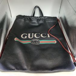 Gucci Black Drawstring Backpack Bag Red Green Accents
