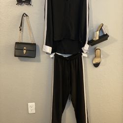 Chiffon Color-block Blouse And Trousers 