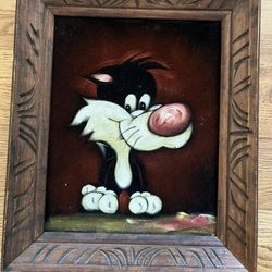  Vintage Sylvester Looney Tunes Velvet Felt Mexico Painting Framed