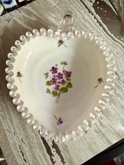 Fenton Violets in the Snow Silver Crest Heart Relish Dish 7”   Vintage milk glass heart-shaped relish dish with a clear ruffled silver crest edge. Thi