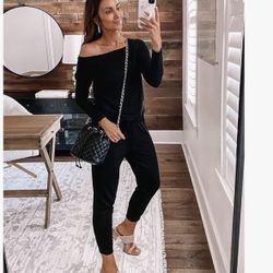 PRETTYGARDEN Women's Casual Long Sleeve Round Neck Off Shoulder Elastic Waist Jumpsuit