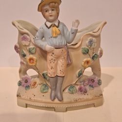 Vintage Hand Painted Bisque Boy Figurine Vase – Floral Accents – Japan Style – Mid 20th Century