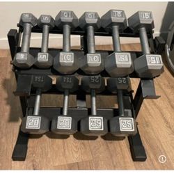 In NEW Condition Set Of Cast Iron Hex Dumbbells 5s, 10s, 15s 20s  And  25s  (NO RACK iNCLUDED)