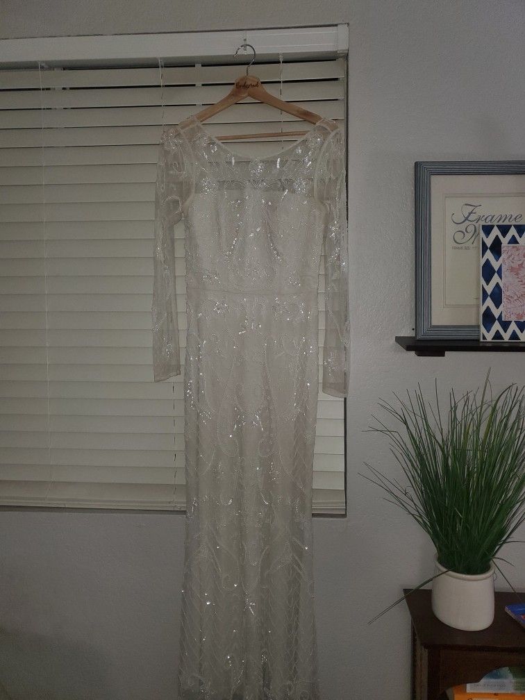 Davids Bridal All Over Scroll Beaded Illusion Long Sleeve Gown