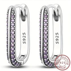 Exquisite Micro Pave 925 Sterling Silver Purple Cubic Zirconia U-shape Women's Hoop Earrings 