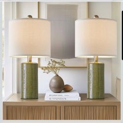 Green Ceramic Table Lamps Set of 2 Farmhouse Bedside Nightstand Living Room