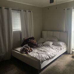 White suede and gold trim queen bed frame and mattress