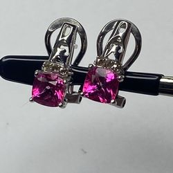 Beautiful Set Of Cushion Cut Pink Opal & Champagne Diamond Earrings - 925 Sterling Silver
