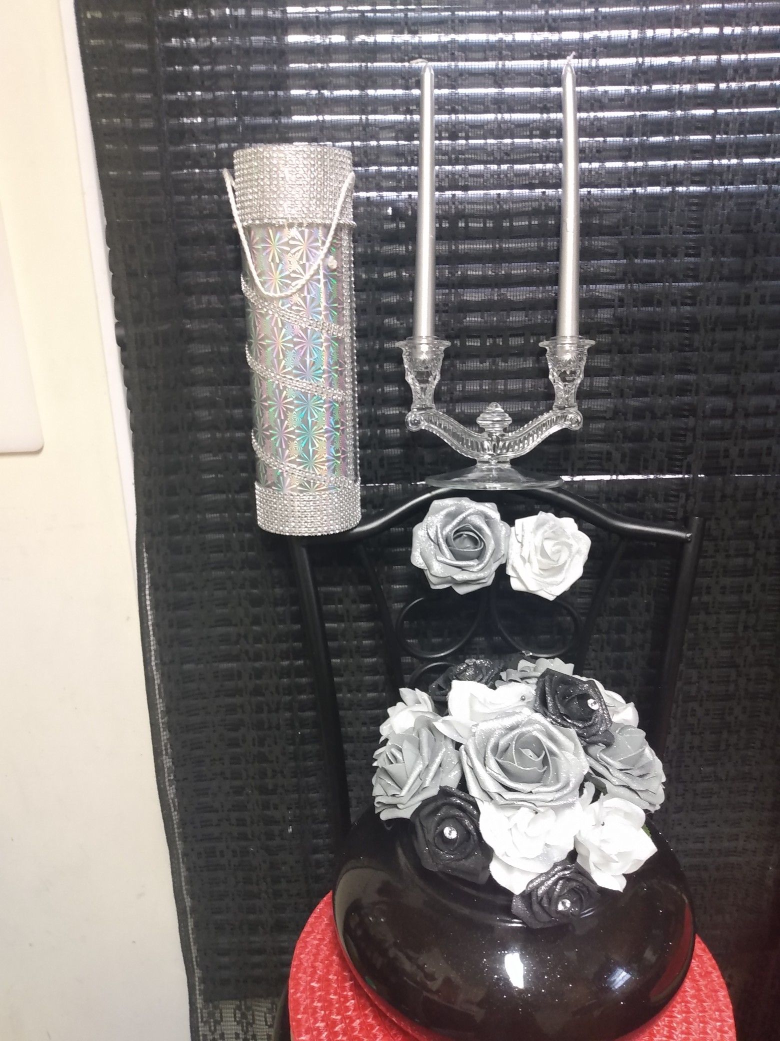 $50 Black/White/ Silver-Gray roses in Beautiful round black vase, boutonniere, (2) long Silver candles + crystal holders, rhinestones Wine gift box.