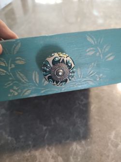 Teal Trinket Box with Pretty Knob Handle width 11 inches X 10 inches length X 3 inches depth