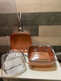 Copper Chef Square Copper Nonstick 10" Pan Set w Lid & Fryer/Steamer Basket 4-Piece