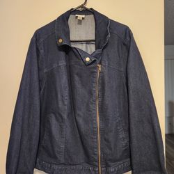LIKE NEW Women's Jaclyn Smith Dark Blue Stretch Denim Diagonal Zip Jacket - Size 3X (SE San Diego)