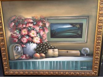 Vintage Signed Still Life Painting Flowers Floral Fruit Framed
