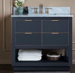 Venice-3621-NB/GY-G+top, Venice 36"x21"x33" Solid Wood Bath Vanities Side Cabinet in Grey with Gold Trim and Engineered Stone Composite Vanity Top in 
