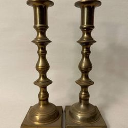 Vintage Pair Solid Brass Pillar Candle Stick Holders Made In Hong Kong