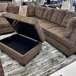 COSTCO Brown Chenille Sectional Couch And Ottoman 