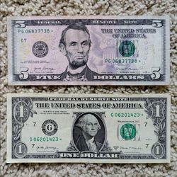 Set of two 2017 fancy serial number Federal Reserve Bank $5 & $1 STAR notes