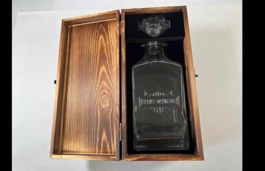 Harley Davidson Classic Decanter Glass/ Wood Box New