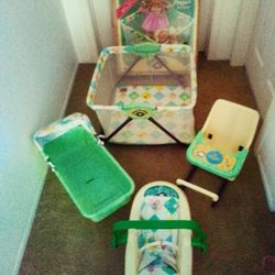 1980s Vintage Cabbage Patch Kid  Doll Playpen, Highchair Booster, Bassinet, Rocker Carrier