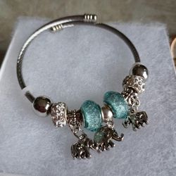 Silver and Blue Beaded Elephant Charm Bracelet 