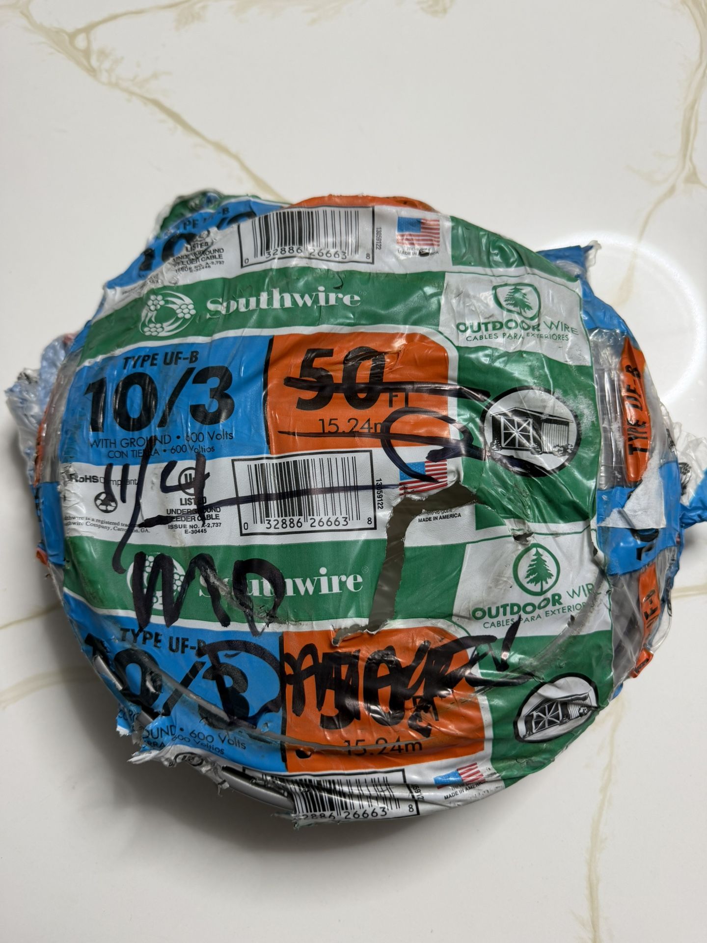 50 ft. 10/3 Gray Solic CU UF-B W/G Wire