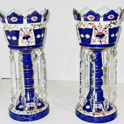 LARGE PAIR OF ANTIQUE GILDED BOHEMIAN OVERLAY CRYSTAL GLASS LUSTRES