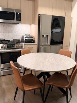 Round Dining Table with 4 Leather Chairs