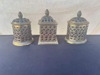 Set of 3 Brass and Red Glass Trinket Boxes
