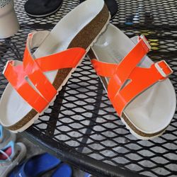 Birkenstock Women's Slides Electric Orange Color Double Buckle Size 7 1/2