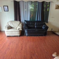 1 Beige Loveseat And Ottoman... And One Black Leather Small Sofa 