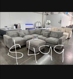 Gray corduroy Sectional sofa with ottoman 99x99