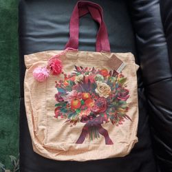 NWT Gilded Maple Floral Flower Bouquet Reusable Tote Bag with Burgundy Handles