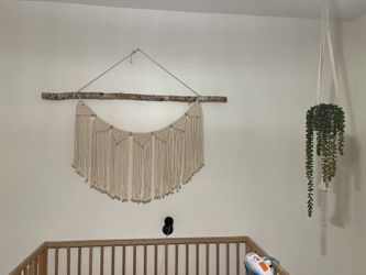 Large Macrame Decoration With Rustic Wood Birch Wood Branch 
