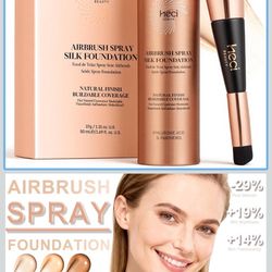 Airbrush Foundation for Mature Skin, Silk Spray & Kabuki Brush Set, Flawless Finish, Anti-Aging Formula for Smooth Radiant Skin, Long Wear Lightweight