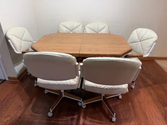 Solid Oak Dining Set – Table + 6 Rolling Swivel Chairs