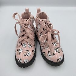 Disney Junior Minnie Mouse Combat Ankle Zip Laces Boots Girls Pink Black Size 6 