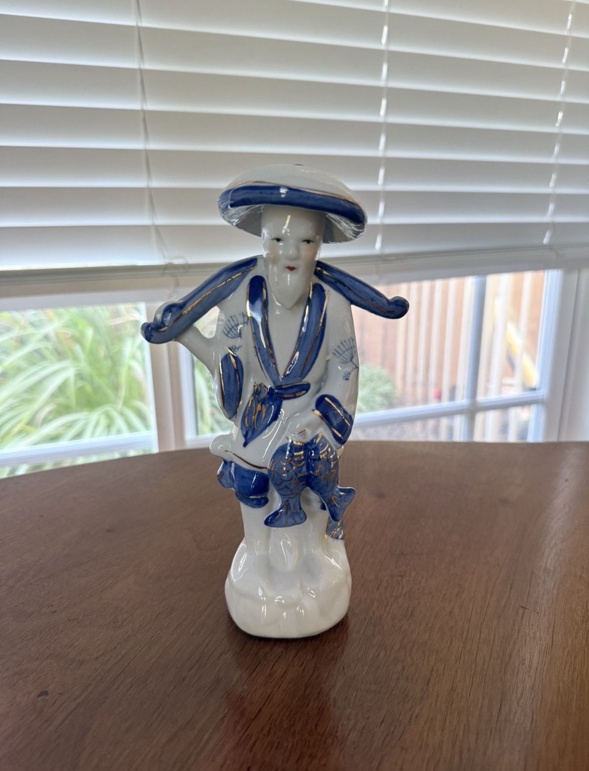 Vintage Asian Porcelain Fisherman Figurine – Blue & White w/ Gold Accents
