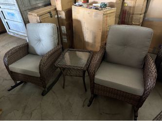 New PARKWELL 3-Piece Wicker Rocking Chair with Side Table and Cushions - Outdoor Patio Bistro Set - Brown Wicker, Beige