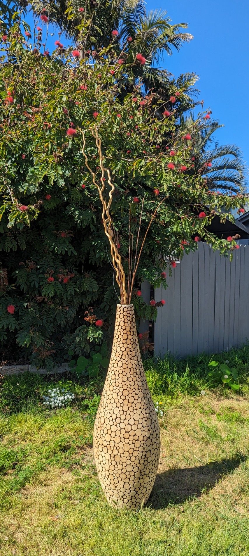 5ft Z Gallerie Oslo Designer Floor Vase Entry way Centerpiece handmade wood ends on resin vase, birch color Restoration Hardware Wooden Pottery Barn