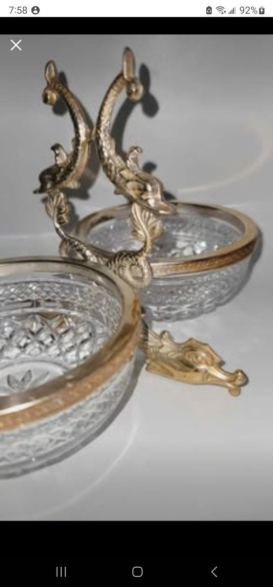 Vintage RARE Baccarat Crystal Serving Tray Gold Gilt Dual Bowl Dragons & Koi