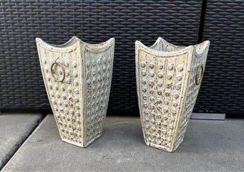 Pair of Tall Textured Ceramic Vases with Ring Handles