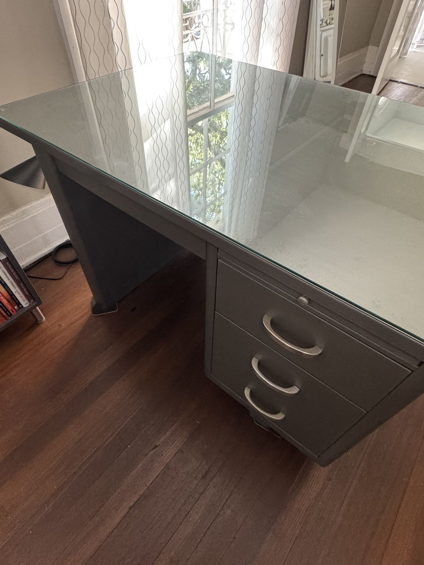 Rare Vintage Single-Pedestal Tanker Desk — Restored Raw Metal with Glass Top