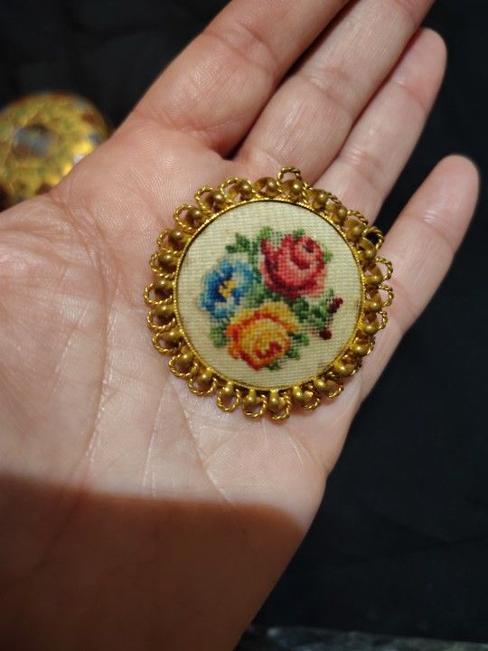 Vintage Hand Stitched Floral Brooch 