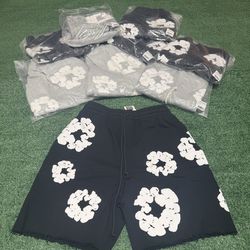 Black and white denim shorts