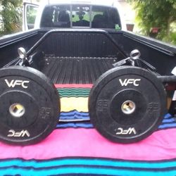 OLYMPIC 55 LB. HEX BAR & TWO 35 LB. BUMPER PLATES 