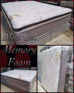 Blue gel hybrid memory foam pillowtop mattress set